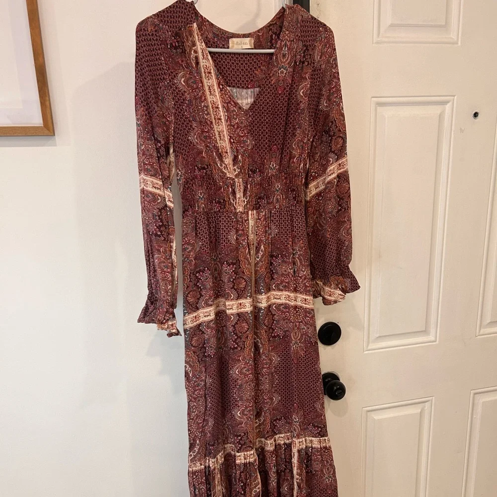 Altar'd State Burgundy and Cream Long Sleeve Dress - Picture 4 of 6